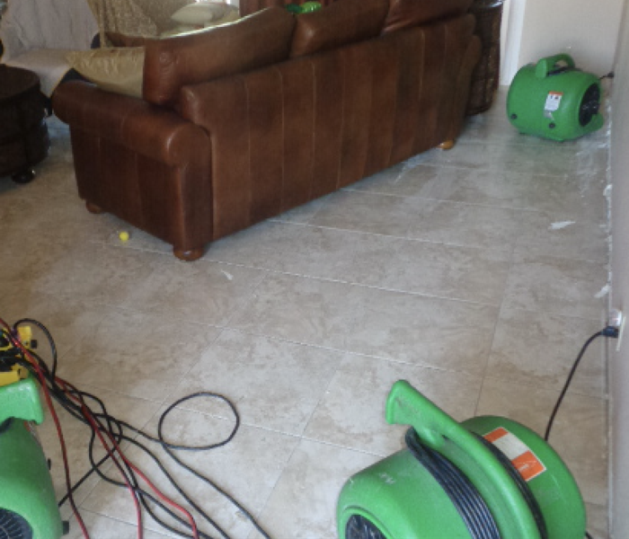 Living room with sofa moved away from wall and green drying equipment